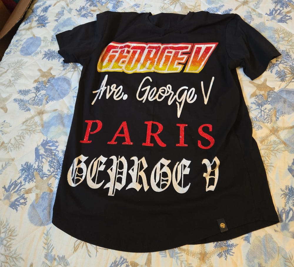 Avenue George V Paris‎ Beaded Black Graphic Tee with Red and White Accents